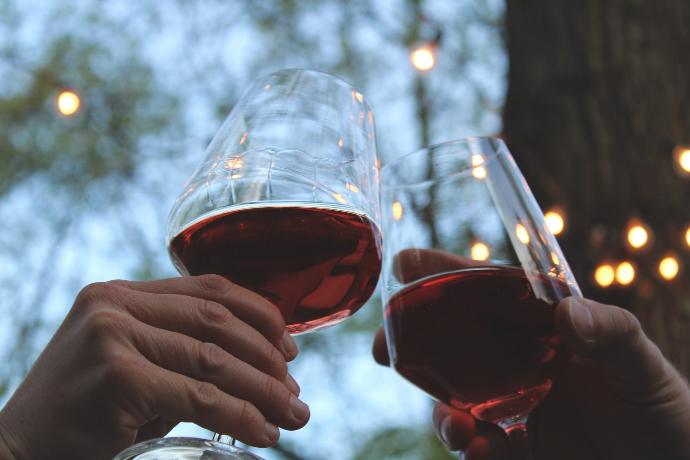 person holding clear wine glass with red wine